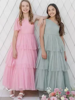 Robes de soirée de mariage Belles enfants robe de soirée sociale mariage robe de fille de fleur de mariage robes de fille de fleur sans manches à plusieurs niveaux gris clair