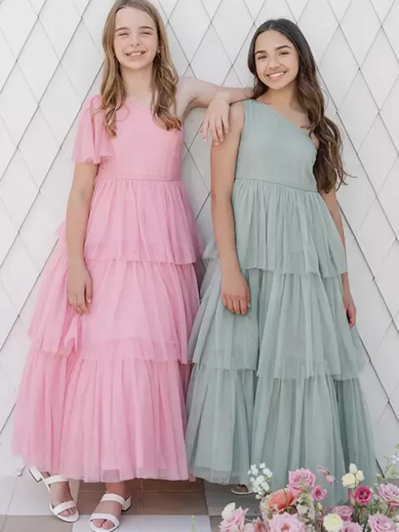 Robes de soirée de mariage Belles enfants robe de soirée sociale mariage robe de fille de fleur de mariage robes de fille de fleur sans manches à plusieurs niveaux gris clair