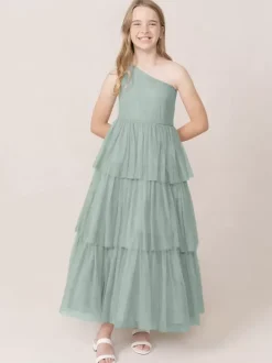 Robes de soirée de mariage Belles enfants robe de soirée sociale mariage robe de fille de fleur de mariage robes de fille de fleur sans manches à plusieurs niveaux gris clair