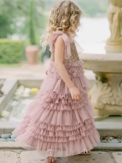 Robes de soirée de mariage Princesse Enfants Robe de soirée sociale Mariage Robe de fille de fleur de mariage Robes de fille de fleur sans manches Arcs à plusieurs niveaux Rose