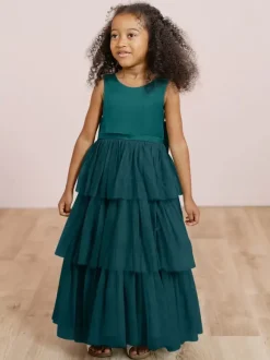 Robes de soirée de mariage robes de dîner doux de mariage robe de fille de fleur robes de fille de fleur sans manches arcs à plusieurs niveaux bleu vert
