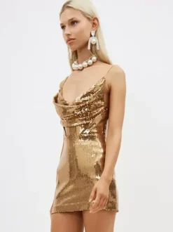 Robes de soirée mini dos nu sans manches à col bénitier dorées chics