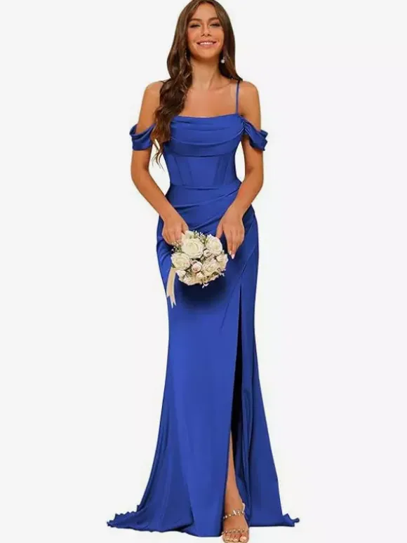 Robes de soirée robes de demoiselle d'honneur manches courtes fermeture éclair fente sur le devant robes de fête