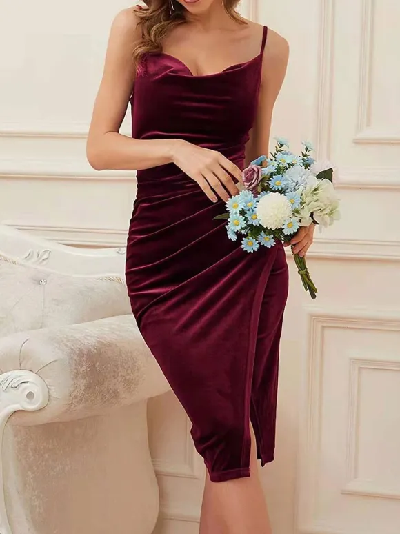 Robes De Soirée Robe Semi-formelle Bordeaux À Bretelles À Col Plissée Sans Manches Col Bénitier