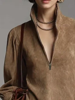 Robes de tous les jours pour femme mini-robes camel à manches longues et col en V taille naturelle