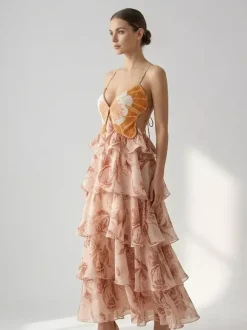 Robes de vacances maxi dos nu à volants sans manches col V chics orange et rouge