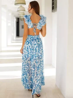 Robes de vacances maxi à volants plissées sans manches à imprimé floral col en V et manches pétales robes orange décontractées