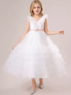 Robes à fleurs blanches pour filles robes pour occasions spéciales en Tulle blanc sans manches col en V robes à fleurs pour filles