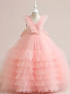 Robes à fleurs blanches pour filles robes pour occasions spéciales en Tulle blanc sans manches col en V robes à fleurs pour filles