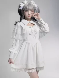 Robes gothiques Lolita avec n艙uds et volants Blanc Blanc