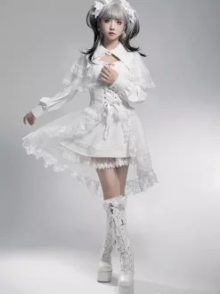 Robes gothiques Lolita avec n艙uds et volants Blanc Blanc