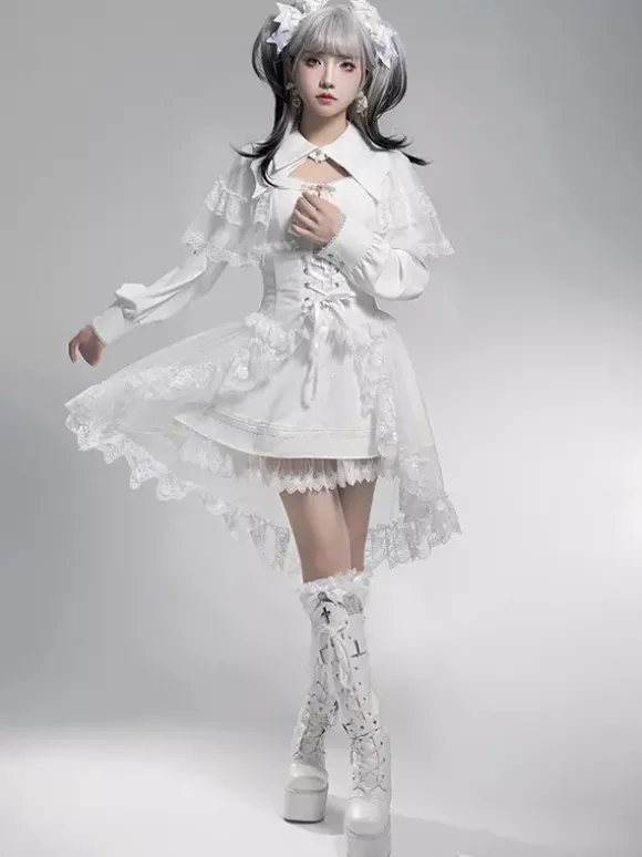Robes gothiques Lolita avec n艙uds et volants Blanc Blanc