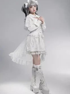 Robes gothiques Lolita avec n艙uds et volants Blanc Blanc