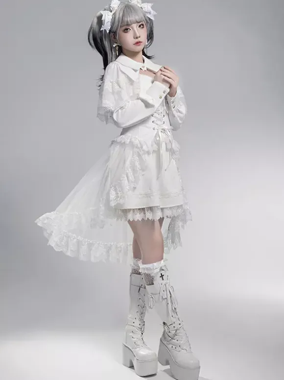 Robes gothiques Lolita avec n艙uds et volants Blanc Blanc