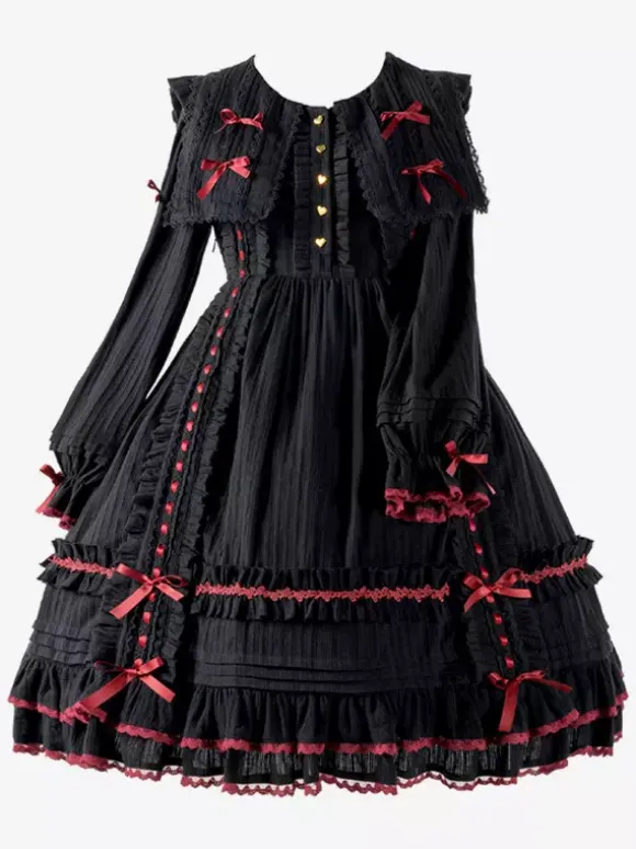 Robes gothiques Lolita avec n艙uds et dentelles et blocs de couleurs Noir Noir