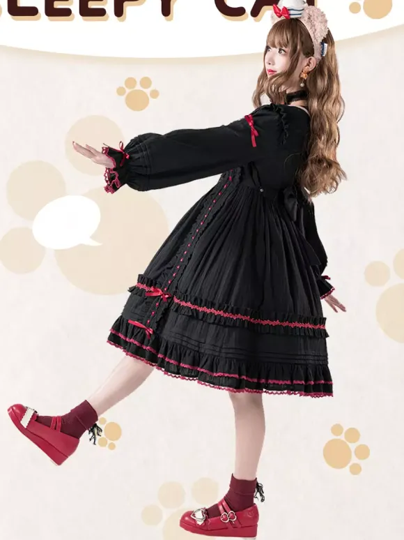 Robes gothiques Lolita avec n艙uds et dentelles et blocs de couleurs Noir Noir
