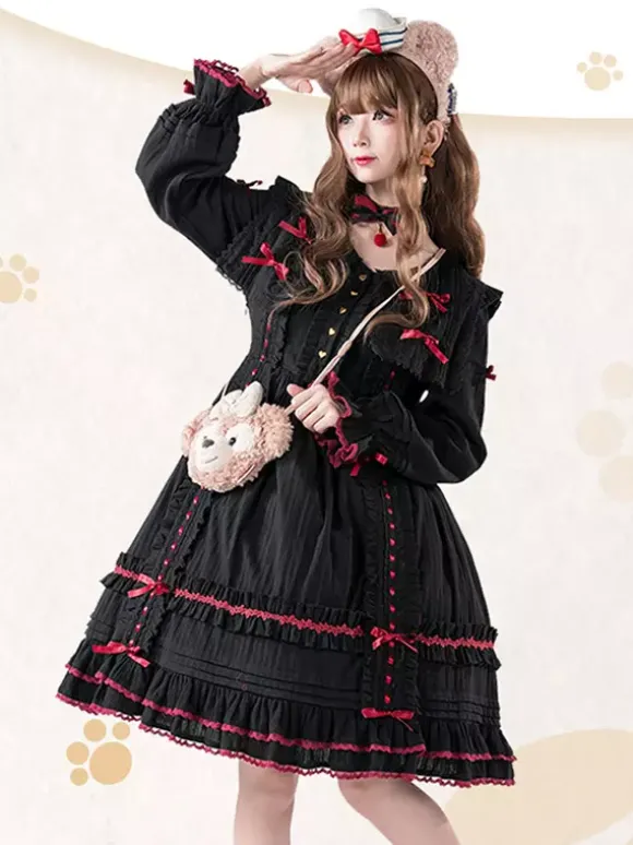 Robes gothiques Lolita avec n艙uds et dentelles et blocs de couleurs Noir Noir