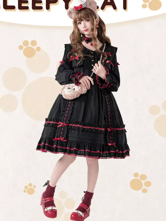 Robes gothiques Lolita avec n艙uds et dentelles et blocs de couleurs Noir Noir