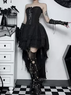Robes Gothiques Lolita Dentelle Volants Noir Noir