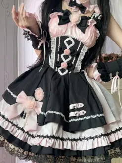 Robes gothiques Lolita à lacets en dentelle à blocs de couleurs rose bleu ciel clair JSK