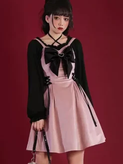 Robes gothiques Lolita à lacets avec n艙uds noir rose vintage JSK