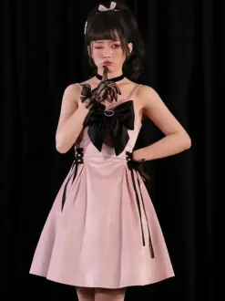 Robes gothiques Lolita à lacets avec n艙uds noir rose vintage JSK