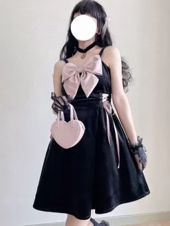 Robes gothiques Lolita à lacets avec n艙uds noir rose vintage JSK