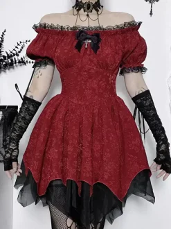 Robes Gothiques Lolita À Lacets Volants Jacquard Color Block Rouge Rouge