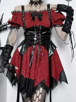 Robes Gothiques Lolita À Lacets Volants Jacquard Color Block Rouge Rouge