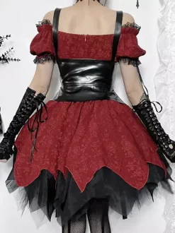 Robes Gothiques Lolita À Lacets Volants Jacquard Color Block Rouge Rouge