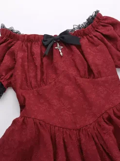 Robes Gothiques Lolita À Lacets Volants Jacquard Color Block Rouge Rouge