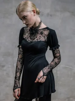 Robes gothiques Lolita Punk à lacets en dentelle manches courtes robes noires