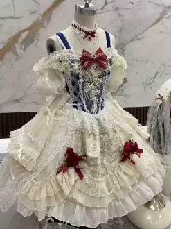 Robes gothiques Lolita à volants en dentelle et blocs de couleurs écru et blanc écru et blanc