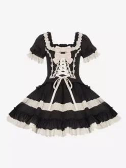 Robes Lolita classiques gothiques douces à lacets et volants à blocs de couleurs noires