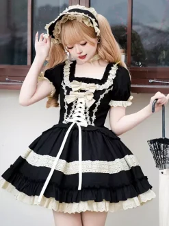 Robes Lolita classiques gothiques douces à lacets et volants à blocs de couleurs noires