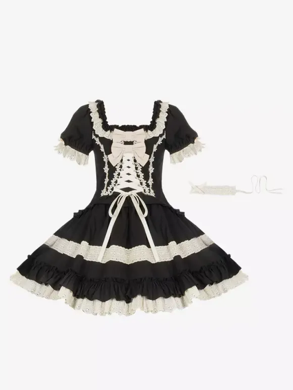 Robes Lolita classiques gothiques douces à lacets et volants à blocs de couleurs noires