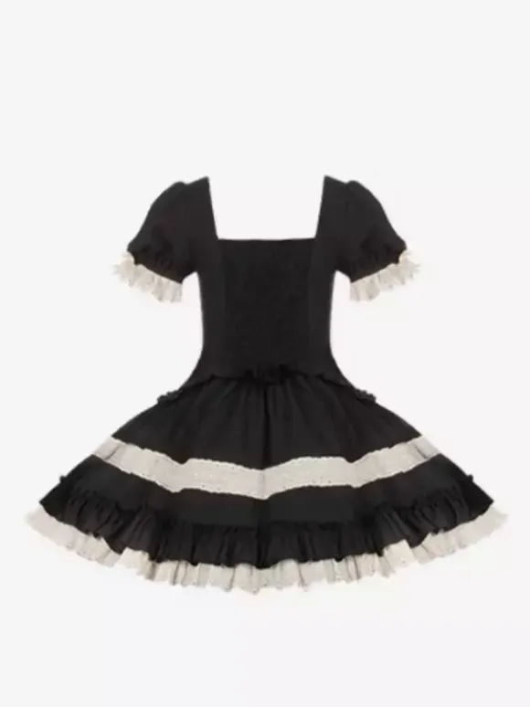 Robes Lolita classiques gothiques douces à lacets et volants à blocs de couleurs noires