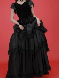 Robes Lolita Gothiques Dentelle à Volants Noir Noir