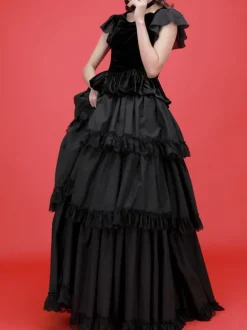 Robes Lolita Gothiques Dentelle à Volants Noir Noir