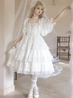 Robes Lolita Style Tea Party Jupe Lolita Dentelle Sans Manches Blanc Mignnone