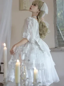 Robes Lolita Style Tea Party Jupe Lolita Dentelle Sans Manches Blanc Mignnone