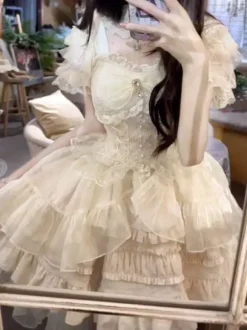 Robes Sweet Lolita à lacets et n艙uds robe nuisette en maille jupes hautes et basses