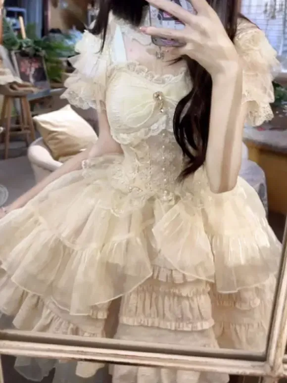 Robes Sweet Lolita à lacets et n艙uds robe nuisette en maille jupes hautes et basses