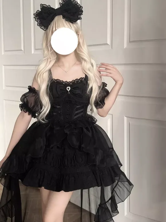Robes Sweet Lolita à lacets et n艙uds robe nuisette en maille jupes hautes et basses