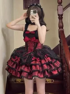 Robe Sweet Ballet Lolita rose à manches amovibles et lacets avec ras-de-cou
