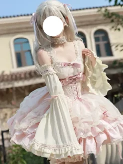 Robe Sweet Ballet Lolita rose à manches amovibles et lacets avec ras-de-cou