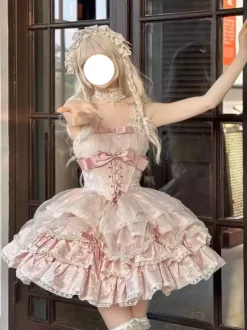 Robe Sweet Ballet Lolita rose à manches amovibles et lacets avec ras-de-cou
