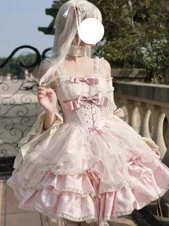 Robe Sweet Ballet Lolita rose à manches amovibles et lacets avec ras-de-cou