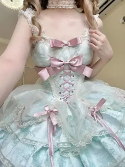 Robe Sweet Ballet Lolita rose à manches amovibles et lacets avec ras-de-cou