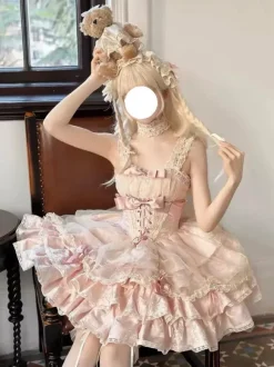 Robe Sweet Ballet Lolita rose à manches amovibles et lacets avec ras-de-cou